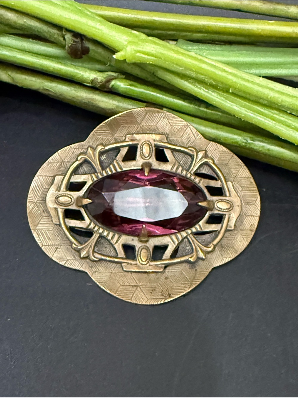 Antique Art Nouveau Edwardian Brass Faceted  Purple Glass Amethyst Stone Brooch